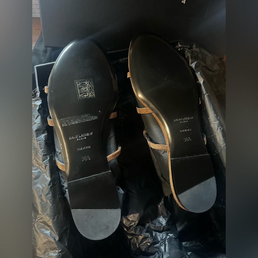 New Saint Laurent Cassandra Suede YSL logo Palm tree Sandals Brown Sandals - Picture 6 of 13